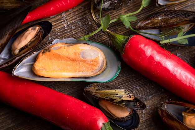 Mejillones cocidos sobre un fondo de madera el fondo está decorado con sal de microvegetales de pimienta verde