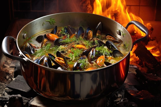 Los mejillones cocinados en una olla humeante con vino blanco