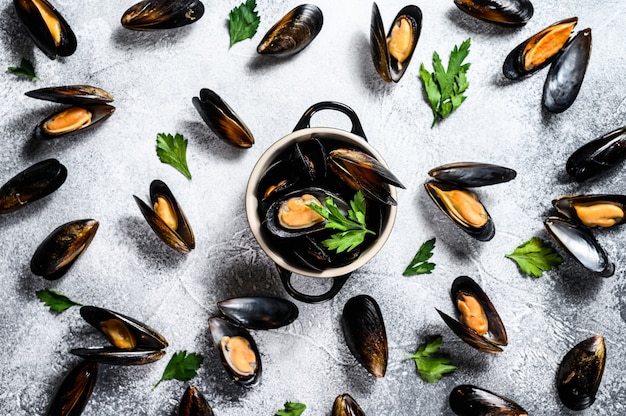 Mejillones crudos frescos en conchas. El concepto de cocinar mariscos