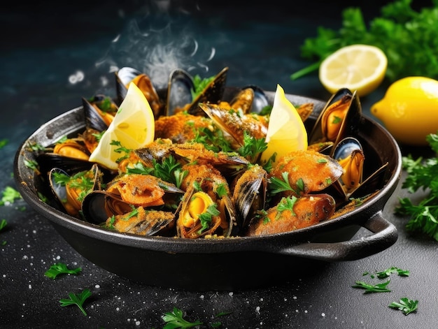 Mejillones fritos con ajo, perejil, limón y especias sobre un fondo de piedra negra