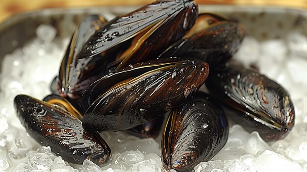 Los mejillones invertebrados artrópodos en hielo son una delicadeza de la cocina popular