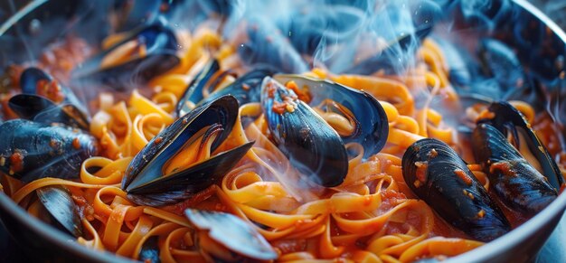 Foto mejillones de pasta y vino tinto en una sartén de color naranja oscuro y azul