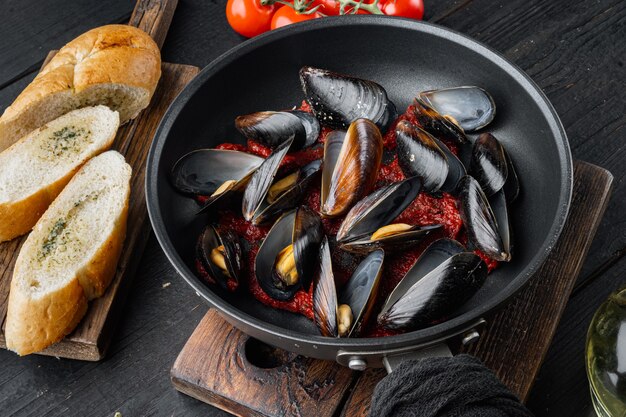 Mejillones a la plancha con salsa de tomate con hierbas, en sartén de hierro, sobre mesa de madera negra