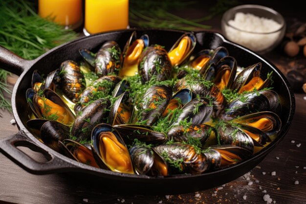 Mejillones en una sartén con ajo y mantequilla