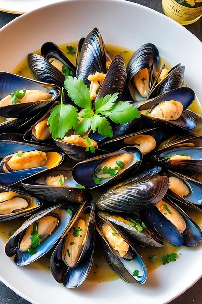 Los mejillones tradicionales belgas al vapor en Bélgica