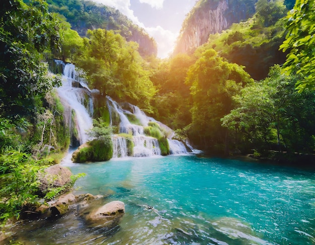 Foto el mejor campo verde cerca de una gran montaña con cascada