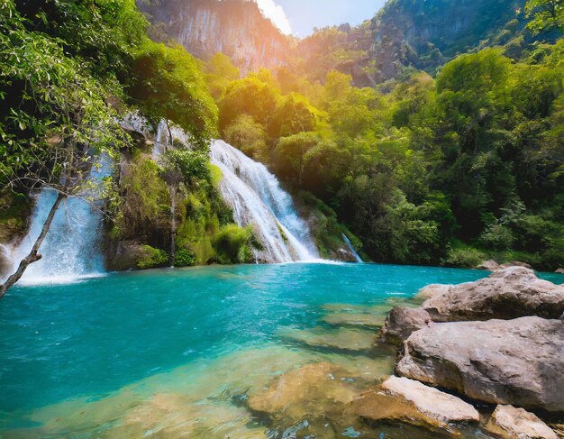 Foto el mejor campo verde cerca de una gran montaña con cascada