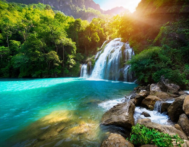 El mejor campo verde cerca de una gran montaña con cascada