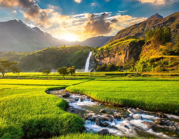 Foto el mejor campo verde cerca de una gran montaña con cascada