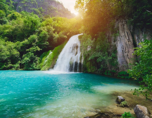 Foto el mejor campo verde cerca de una gran montaña con cascada