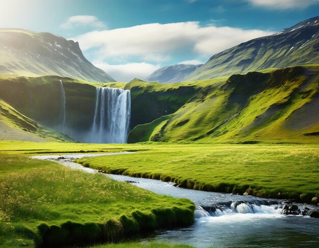 Foto el mejor campo verde cerca de una gran montaña con cascada