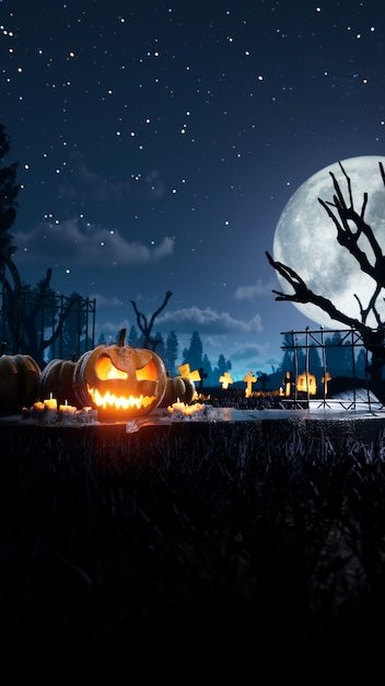 El mejor fondo de halloween calabaza aterradora y espeluznante en llamas alrededor de la noche mística y el cementerio