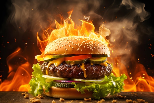 Foto el mejor fondo de hamburguesa caliente con fuego en la parte de atrás