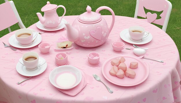 Mejor fondo rosa de amor de San Valentín con juguetes y una taza de café en un mantel rosa