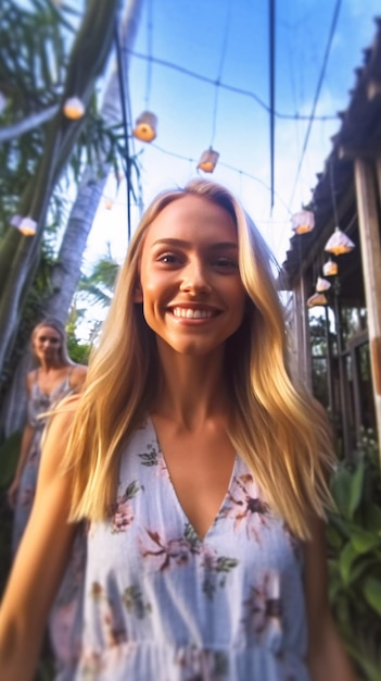 La mejor modelo de mujer rubia con un vestido de verano sonriendo jardín tropical