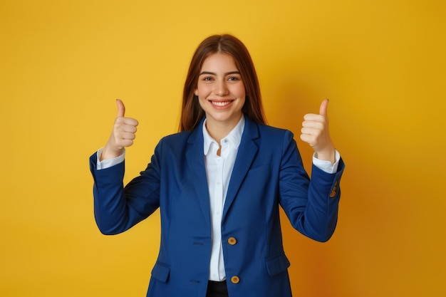 Mejor opción seleccionada encantadora gerente de recursos humanos chica pulgares hacia arriba aislado en blazer azul y corte de Bob marrón