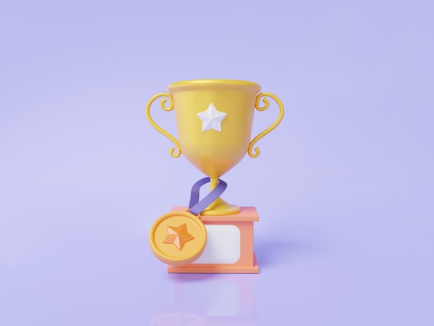 Mejor premio juego garantía garantía calidad Trofeo copa icono con estrella sobre fondo púrpura pastel Dibujos animados mínimo lindo suave Campeón 1er ganador concepto 3d renderizado ilustración