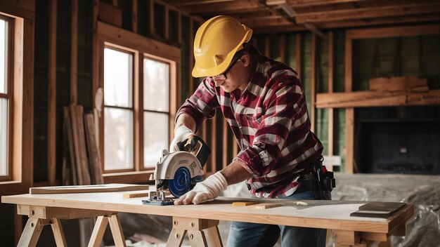 Mejoramiento de viviendas con corte de sierra circular para detalles de acabado interior de la construcción de viviendas nuevas