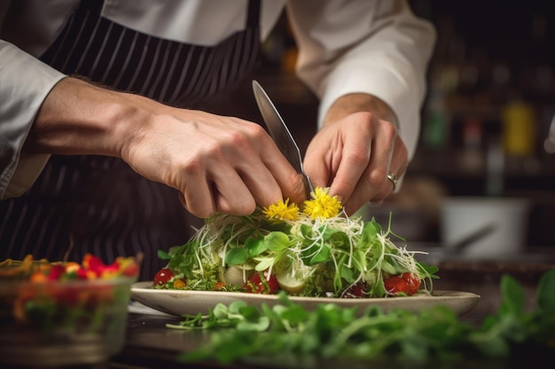 Mejorando la obra maestra culinaria Primer plano de un chef perfeccionando el plato con verduras frescas