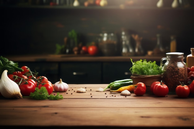 Mejorar la creatividad culinaria desenfocar una mesa de madera vacía con verduras frescas y especias como