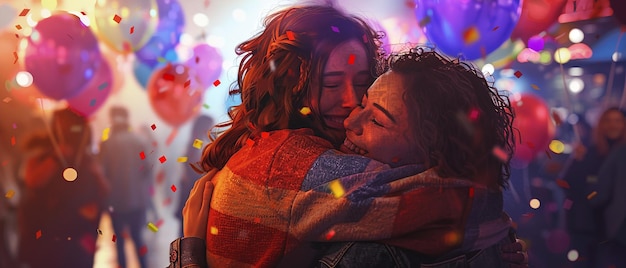 Las mejores amigas se abrazan en una fiesta sorpresa con globos
