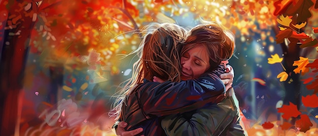 Mejores amigos abrazándose en el colorido parque de otoño