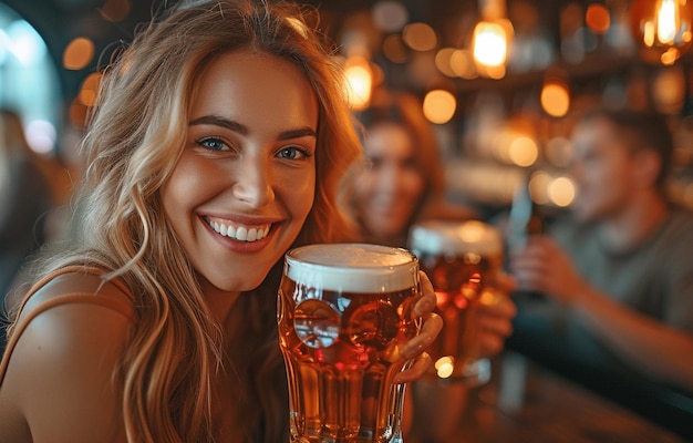 Mejores amigos juntos bebiendo cerveza y charlando en un pub de la ciudad