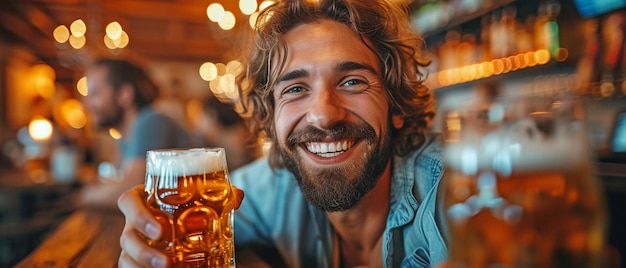 Mejores amigos juntos bebiendo cerveza y charlando en un pub de la ciudad