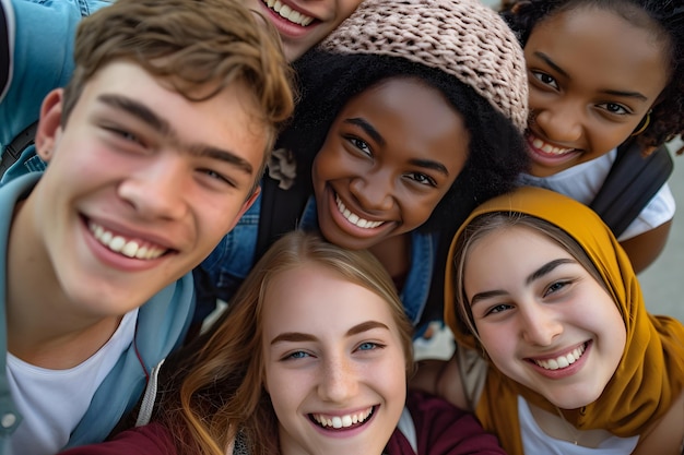 Mejores amigos multiculturales tomando selfies de diversidad e igualdad