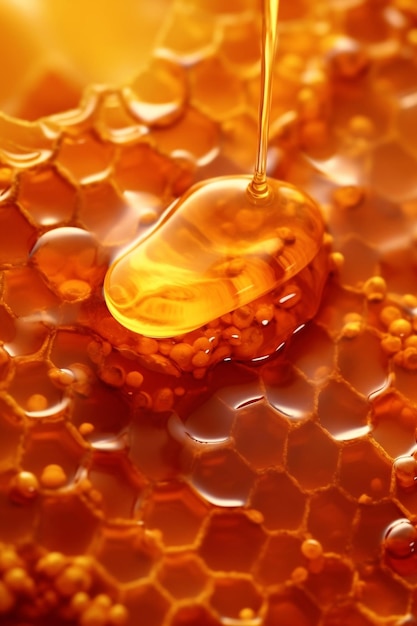 Mel dourado macro detalhado Textura pegajosa líquida Fluxo de mel do favo de mel Vertical