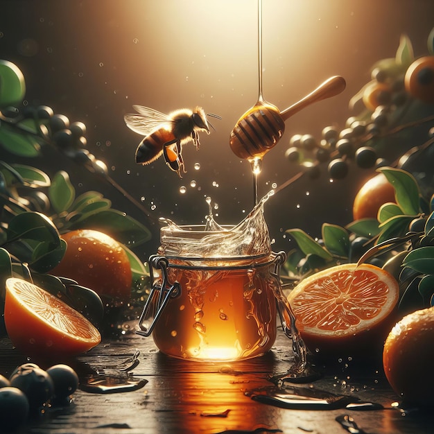 mel em colmeias com abelhas em um frasco gotejando de mel dipper realista Generative Ai.