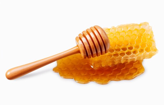 Mel fluindo de diper em favo de mel isolado em um fundo transparente generativo Ai