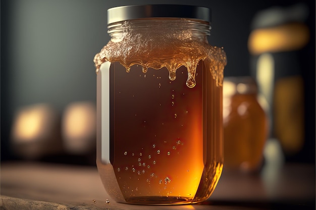 mel orgânico com favo de mel em frasco de vidro, Generative AI