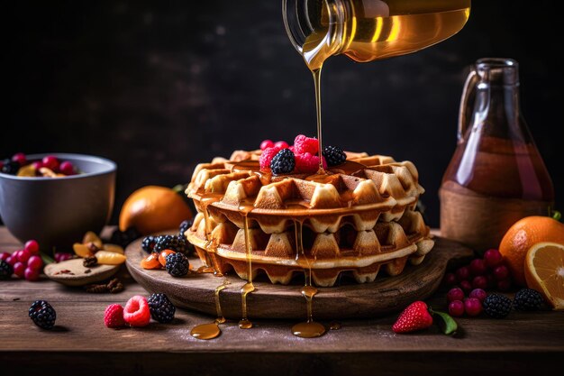 Mel ou caramelo derramado de um frasco em waffles frescos com morangos pequeno-almoço com waffles belgas IA generativa