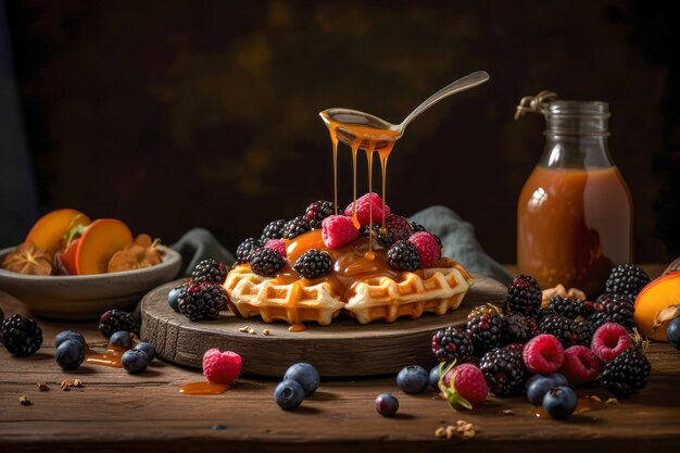 Mel ou caramelo derramado de um frasco em waffles frescos com morangos pequeno-almoço com waffles belgas IA generativa