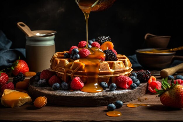 Mel ou caramelo derramado de um frasco em waffles frescos com morangos pequeno-almoço com waffles belgas IA generativa