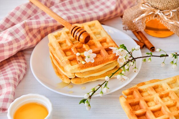 Mel servindo em waffles belgas frescos