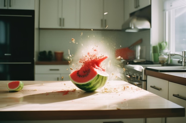 Foto melancia explodindo na bancada da cozinha criada usando tecnologia de ia generativa