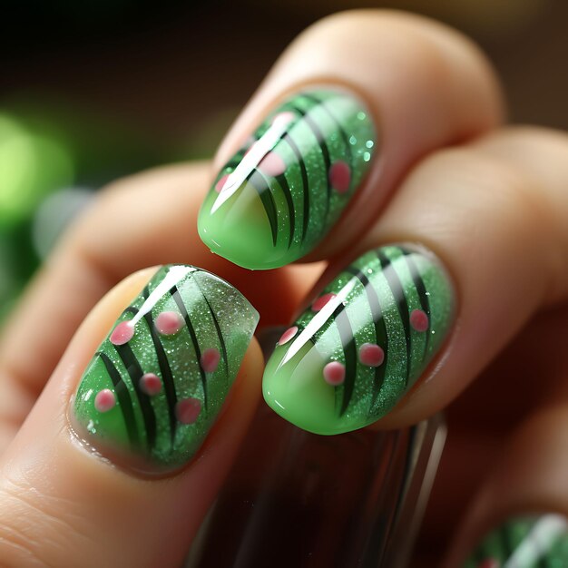 Melancia Fatia Unhas Design Cores Verde e Rosa Profundidade de Conceito Idéia Arte Criativa Sessão de Fotos