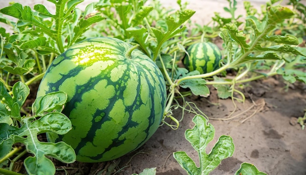 Melancia verde crescendo em fazenda orgânica de jardim de frutas