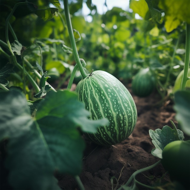 Melancia verde na planta videira crescendo no chão