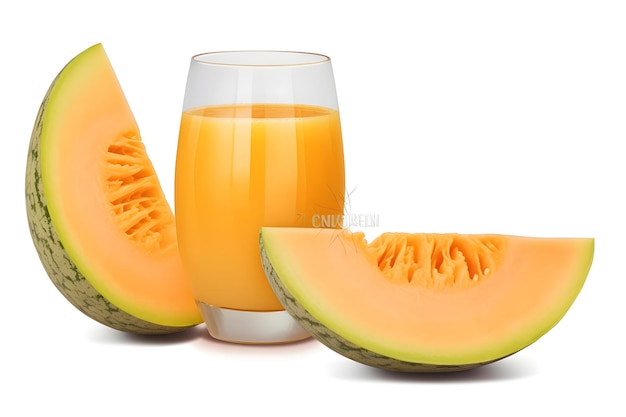 Melão Cantaloupe e Fatia de Melão e um copo de suco de melão isolado em um fundo transparente