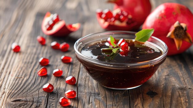 Melaza de granada en un cuenco de vidrio salsa agria de granada con fruta de granada fresca madura entera y dividida en una mesa rústica de madera