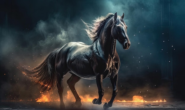 La melena ardiente de un caballo majestuoso ilumina el diseño de fondo oscuro