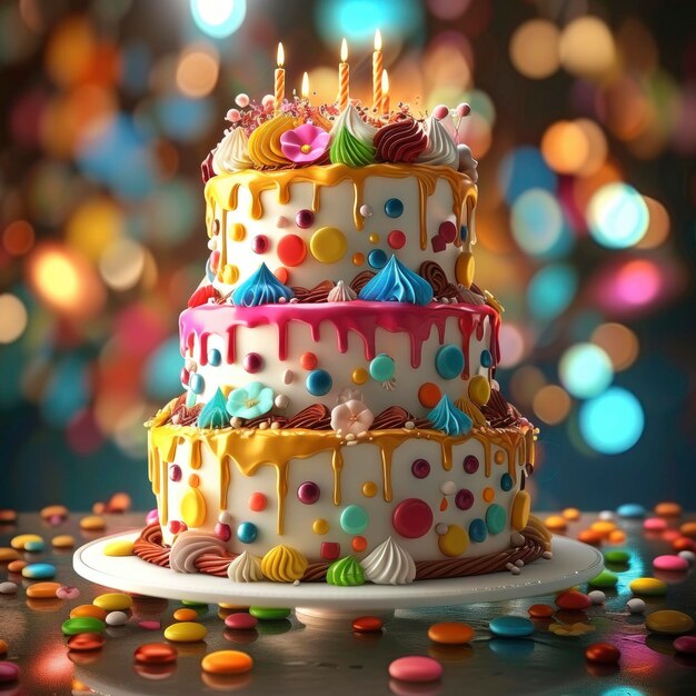 Melhor bolo de aniversário de sempre cores brilhantes muitas decorações isoladas em fundo brilhante e desfocado