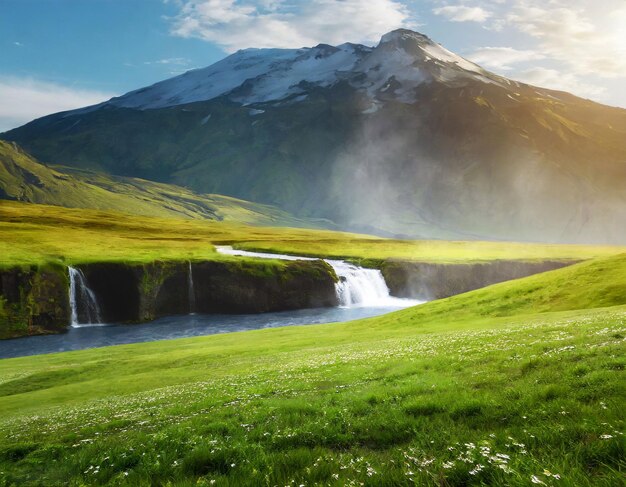 Foto melhor campo verde perto de grande montanha com cachoeira