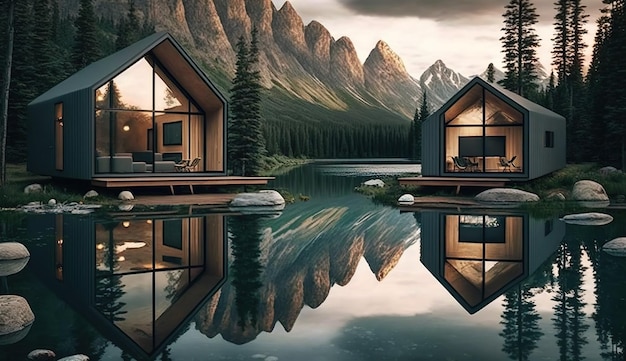 Melhor design de interiores de um lodge com uma bela vista Ai Generated