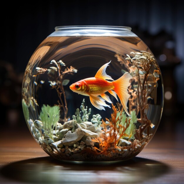 Melhor foto de peixe dourado em tigela de vidro de alta qualidade com folhas de IA gerativa