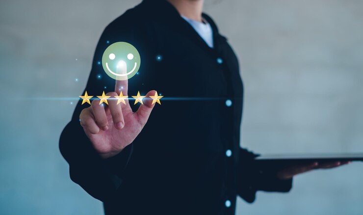 Foto melhor serviço excelente classificação de satisfação apresentada pela mão do cliente mostrando excelente classificação cinco estrelas experiência do cliente conceito revisão de feedback bom