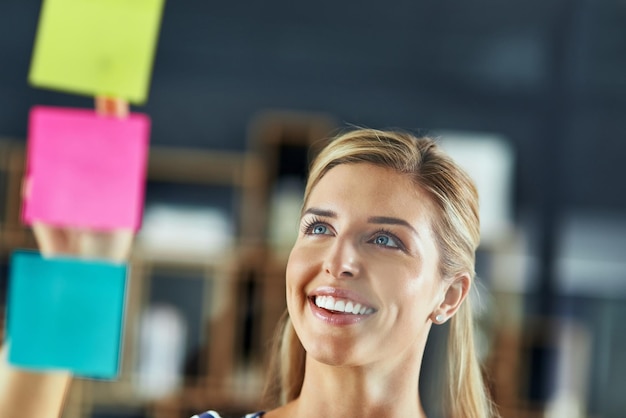 Melhorando os negócios com um plano bem definido Foto de uma jovem tendo uma sessão de brainstorming com notas adesivas no trabalho